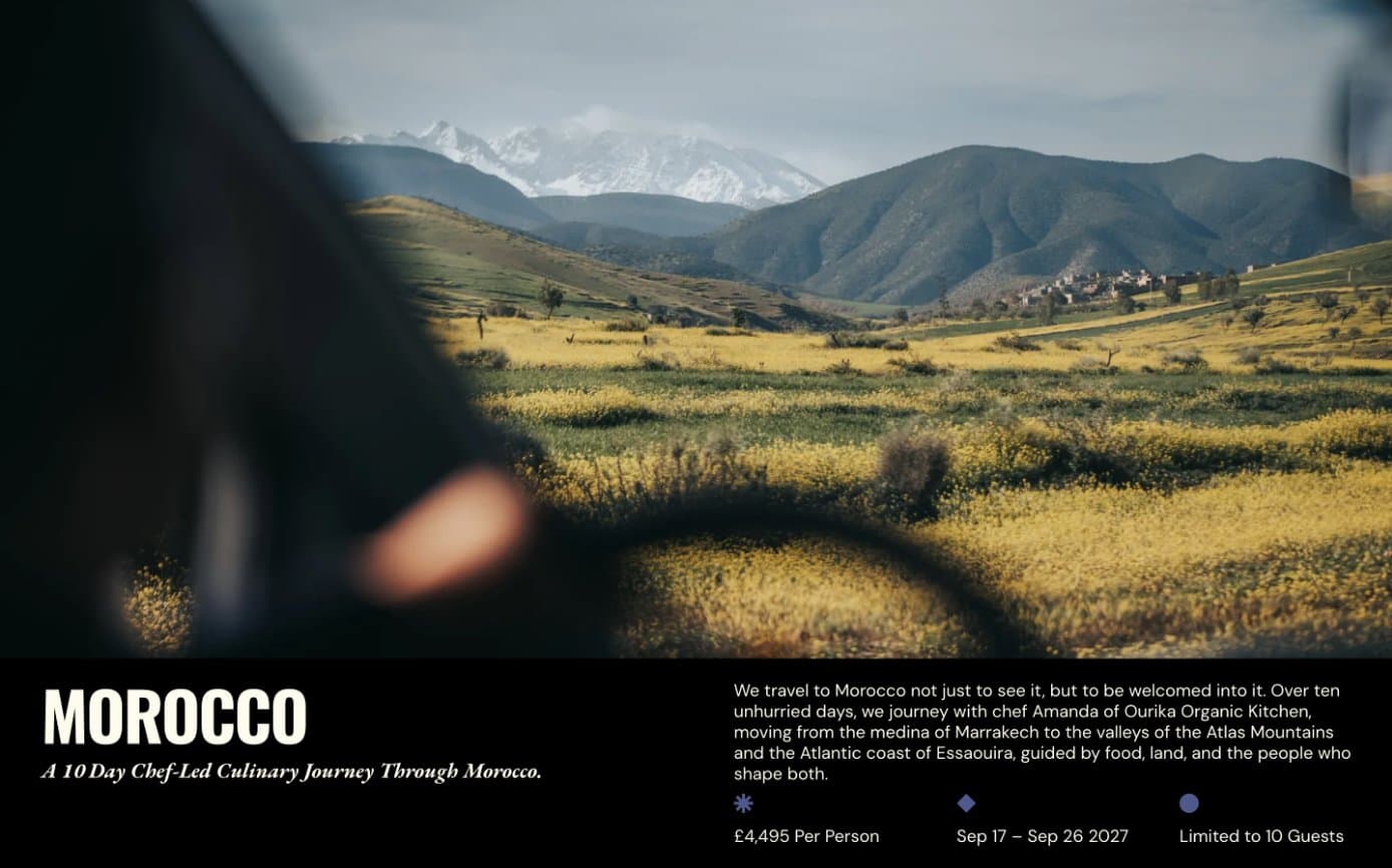 The Deep Street Journeys homepage, a view of the Atlas Mountains through a car window above the heading Morocco, a 10 day chef-led culinary journey