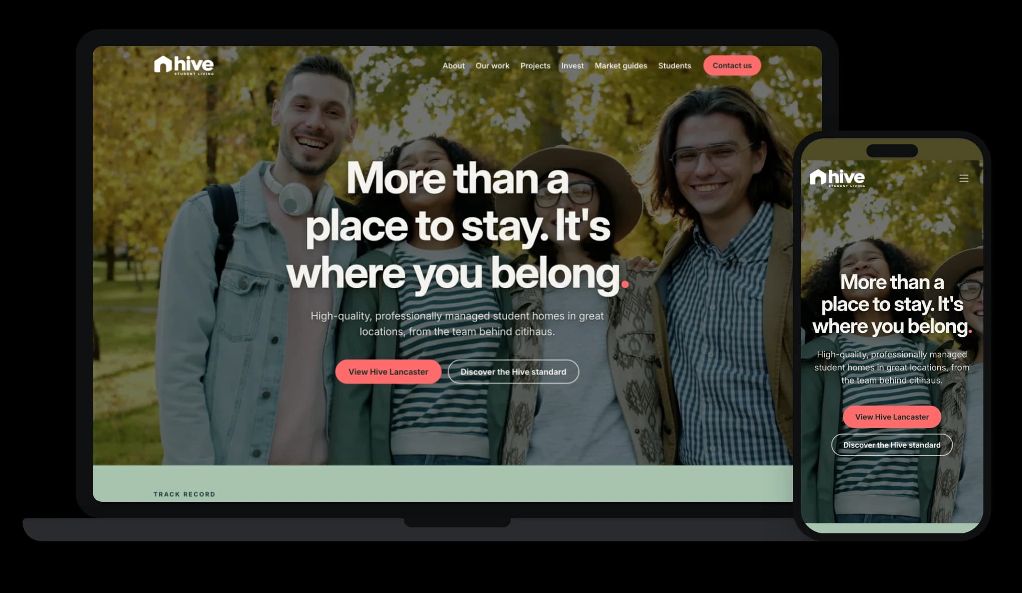 The new Hive Student Living website on a laptop and a phone