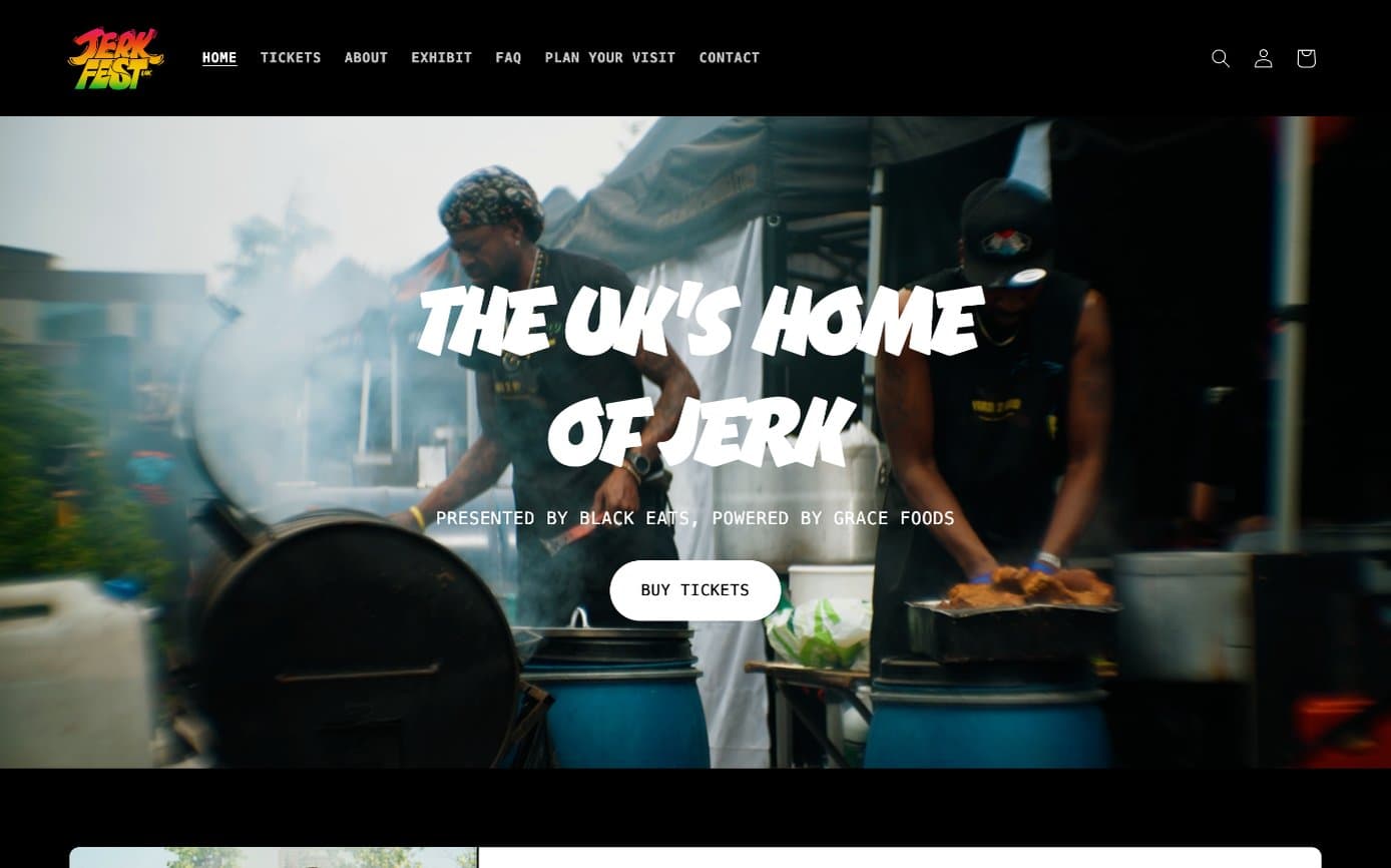 The UK Jerk Fest homepage, headed The UK's home of jerk over video of chefs working a smoking jerk drum
