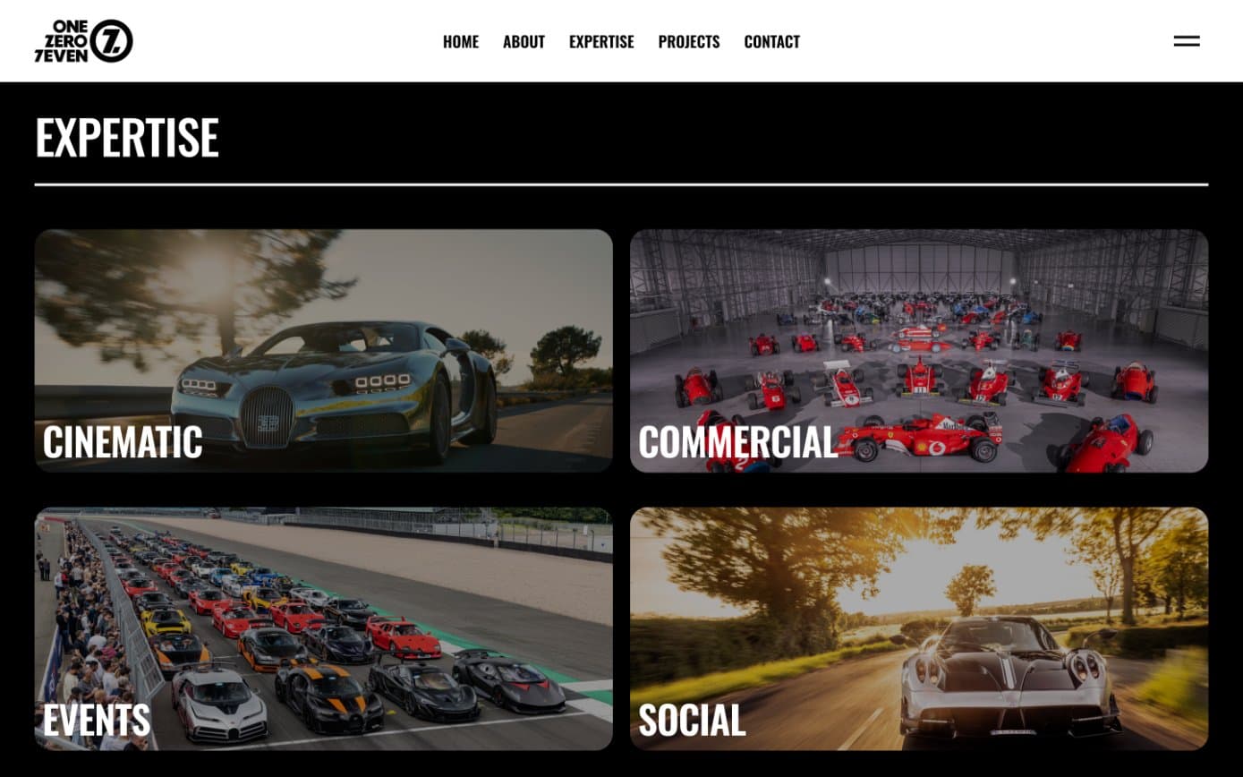 The One Zero 7even Expertise section, with Cinematic, Commercial, Events and Social tiles over supercar footage
