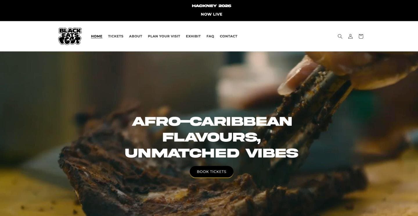 The Black Eats Fest homepage over a video of jerk ribs, reading Afro-Caribbean flavours, unmatched vibes