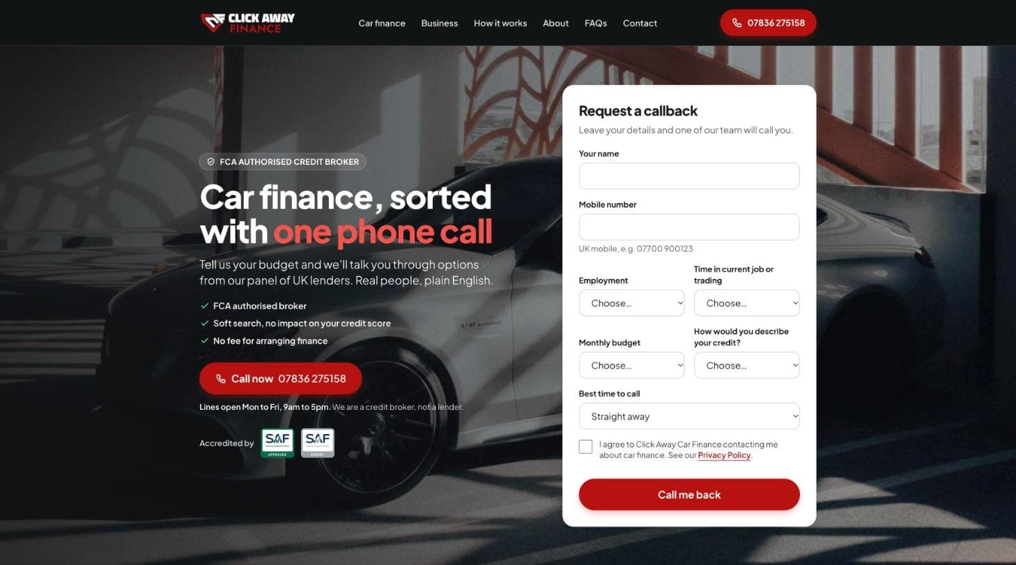 The Click Away Finance homepage with the headline Car finance, sorted with one phone call and a callback form