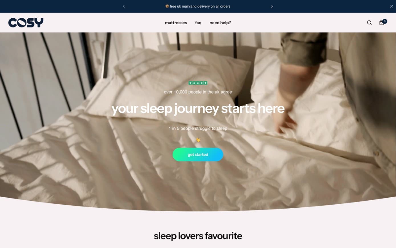 The Live Cosy homepage, headed your sleep journey starts here