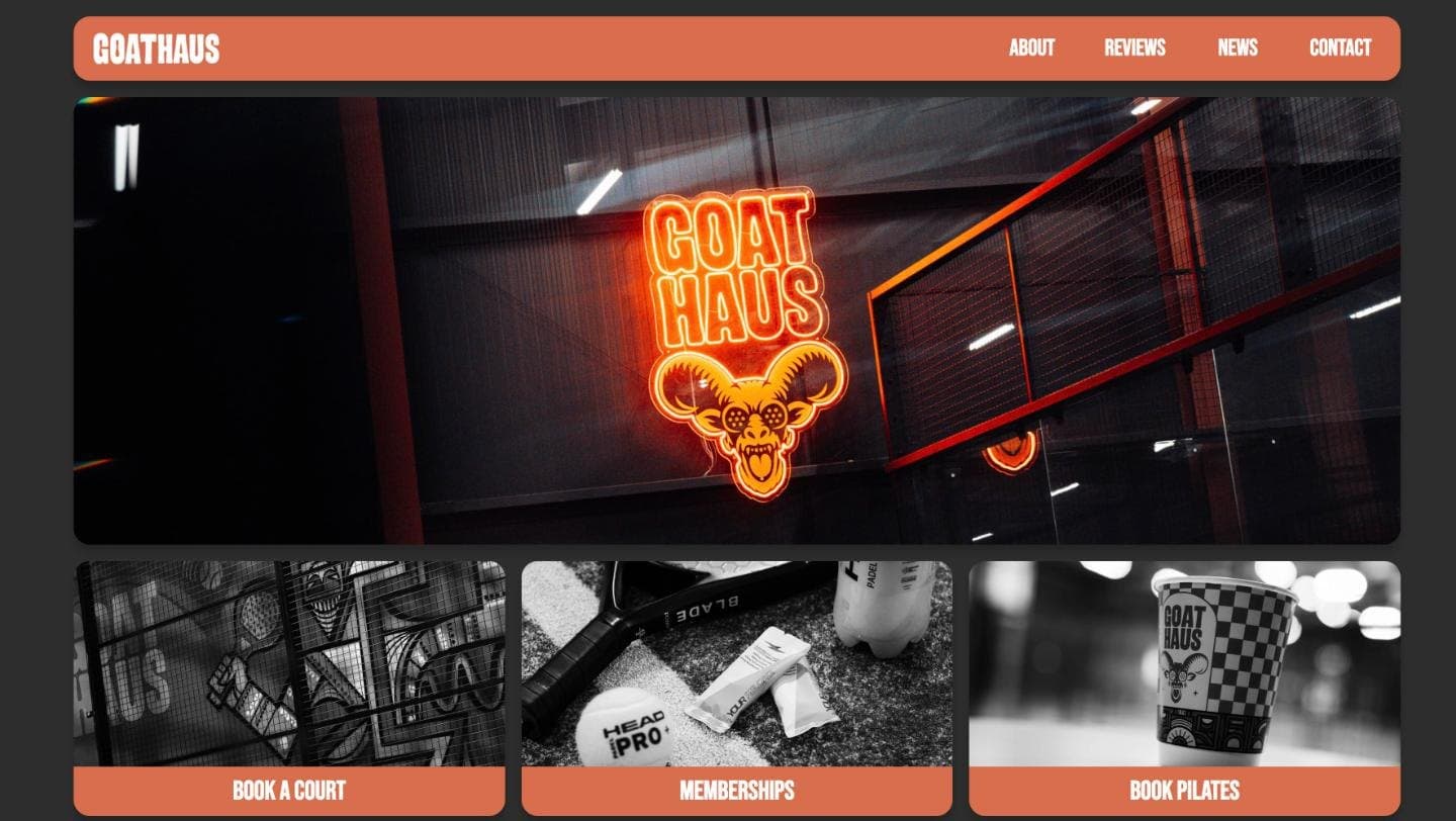 The Goat Haus homepage with the club's neon sign above Book a court, Memberships and Book Pilates tiles