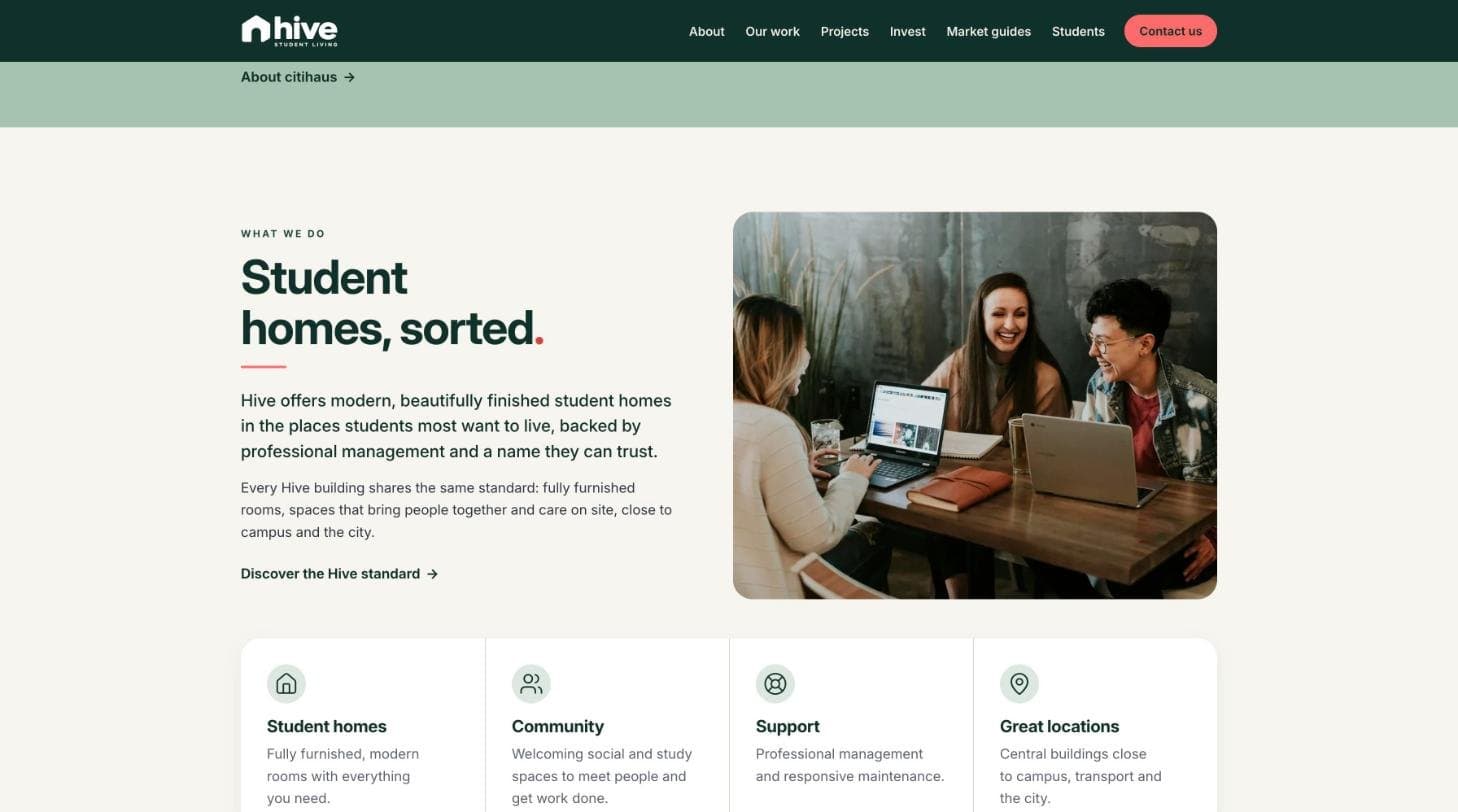 The Student homes, sorted section of the Hive website