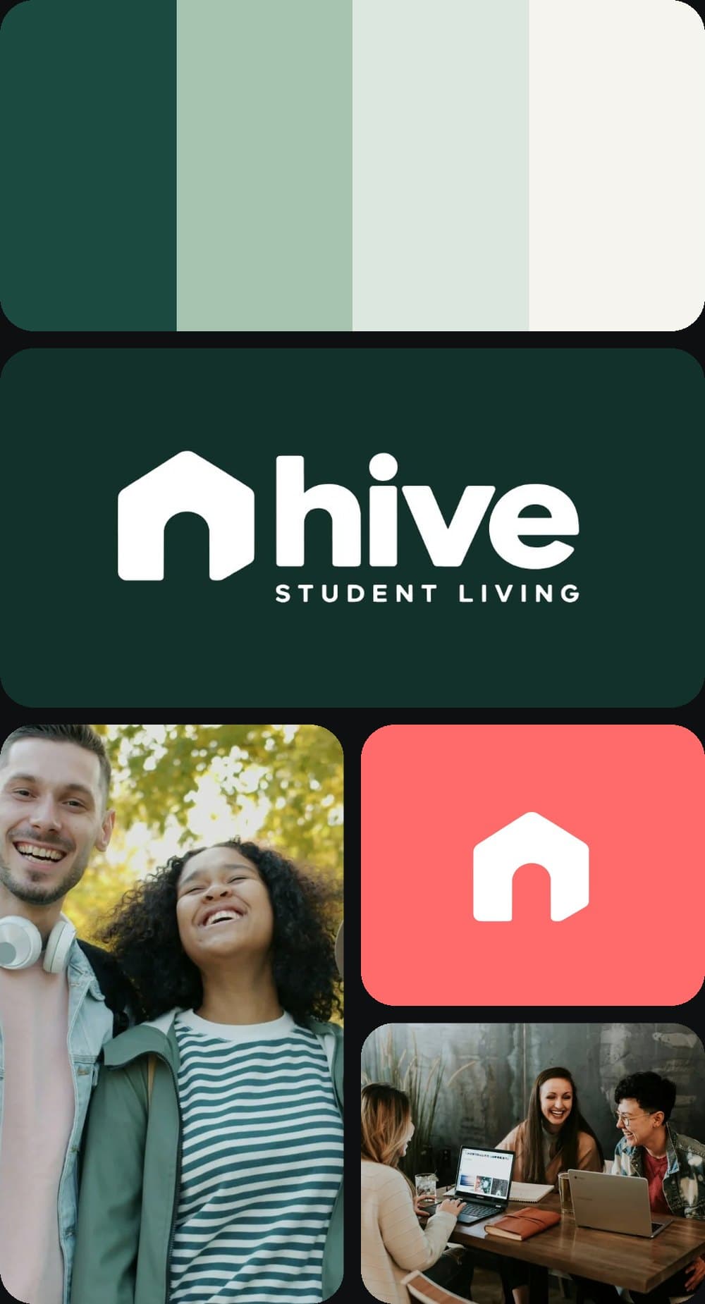 The Hive Student Living identity: the hive logo on deep green, the house mark on coral, the brand palette and students laughing together