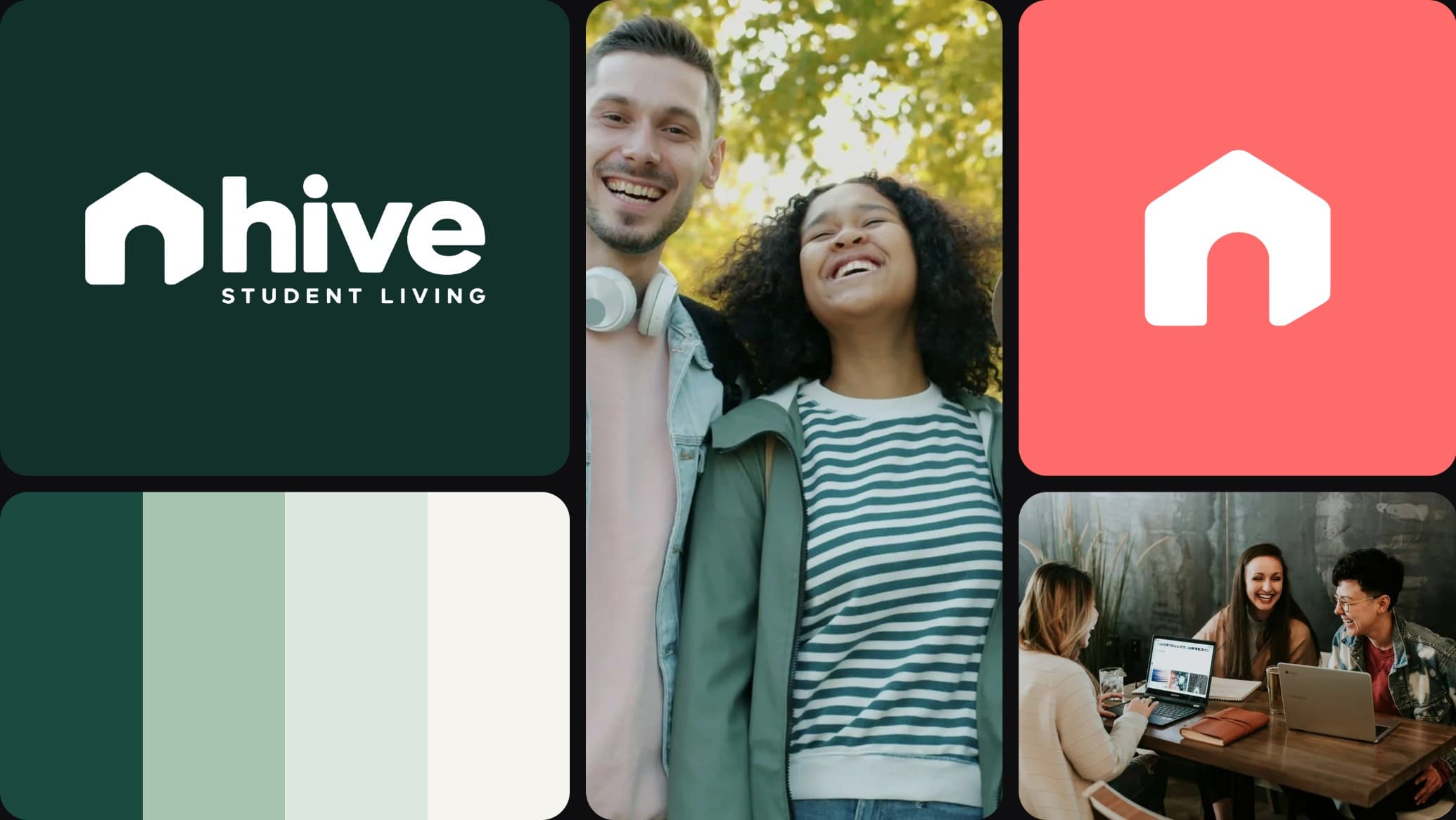 The Hive Student Living identity: the hive logo on deep green, the house mark on coral, the brand palette and students laughing together