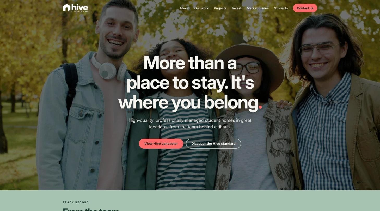 The Hive Student Living homepage, headed More than a place to stay. It's where you belong.
