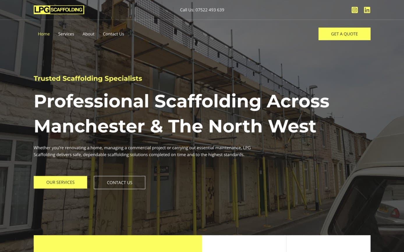 The LPG Scaffolding homepage, headed Professional scaffolding across Manchester and the North West