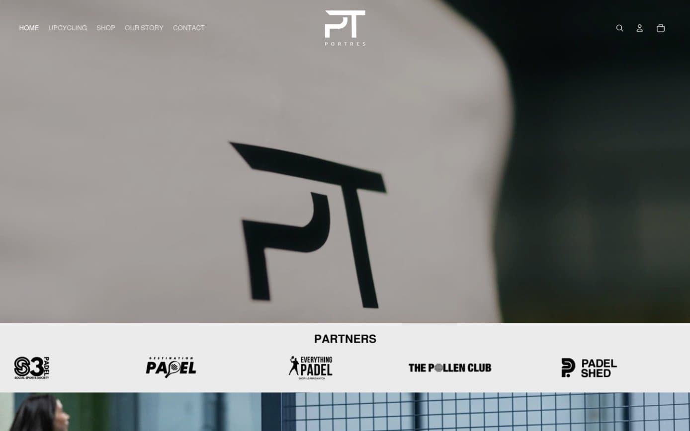 The Portres homepage, with the PT monogram over court footage above a row of partner club logos