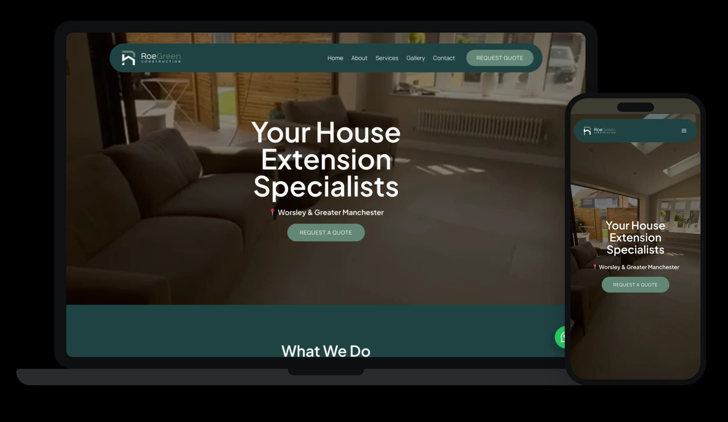 The new Roe Green Construction website on a laptop and a phone