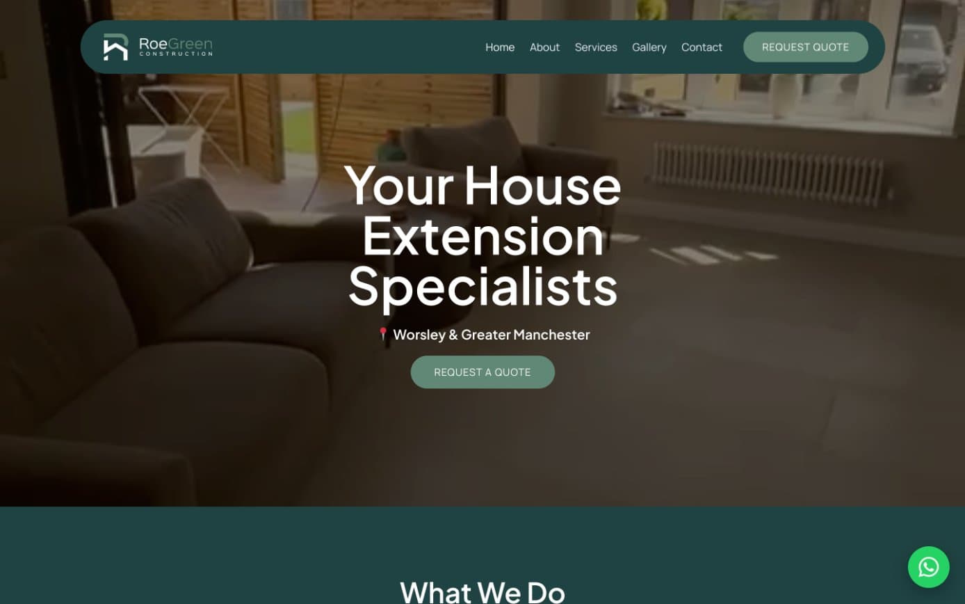 The Roe Green Construction homepage, headed Your House Extension Specialists, over a finished extension